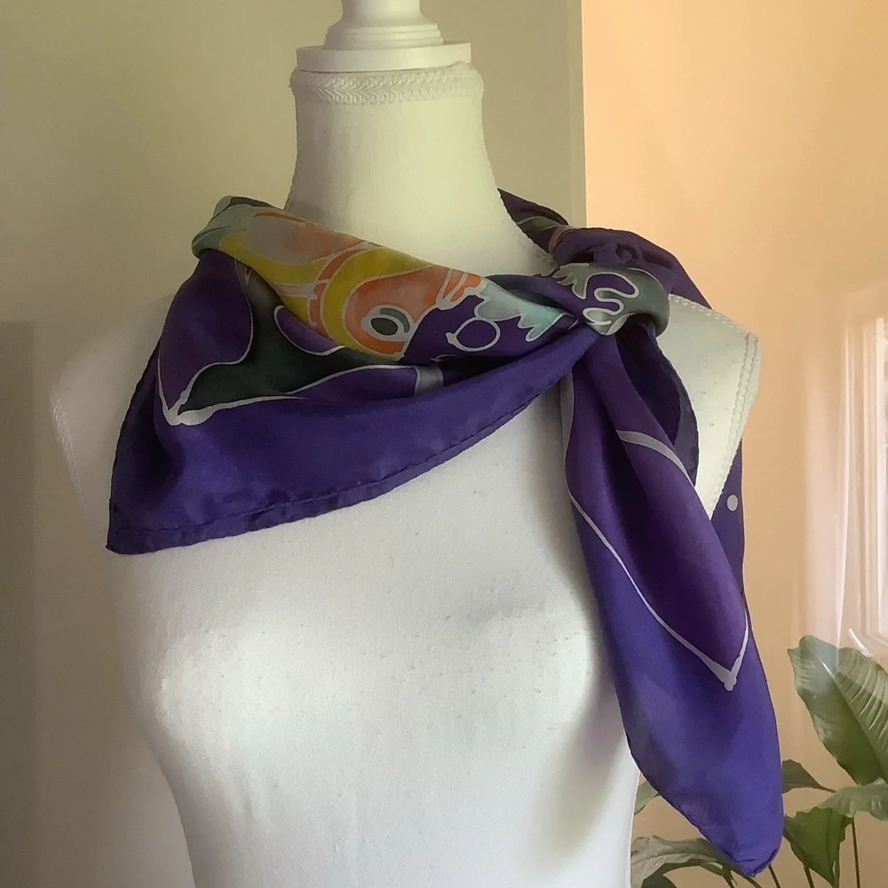 Purple Tropical Fish Design Hand Square Scarf